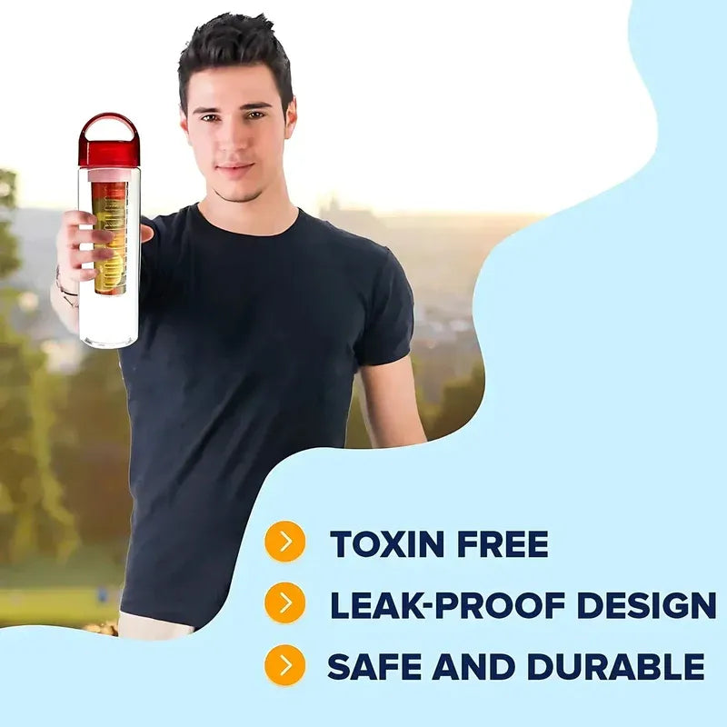 Man holding a water bottle with promotional text about its features.