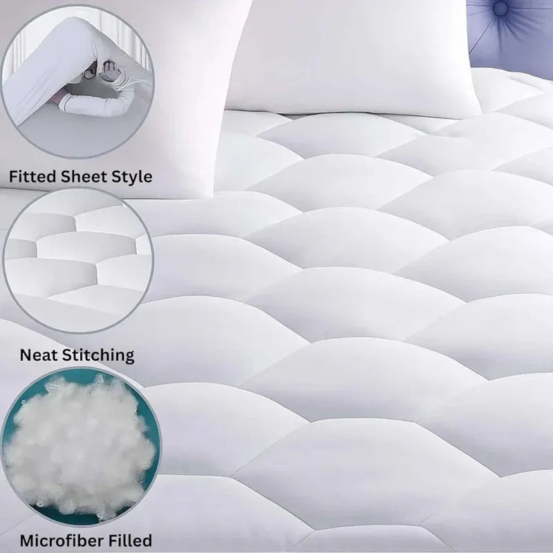 Mattress pad with features highlighted on a bed