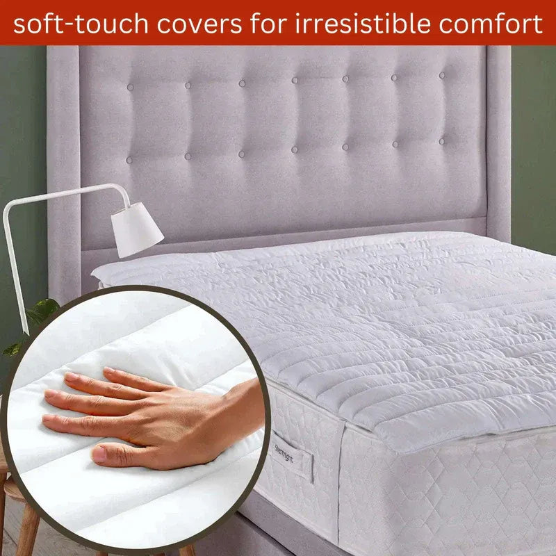 Mattress cover with soft-touch texture shown on a bed, with a hand touching the material.