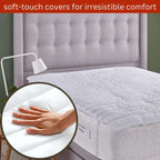 Mattress cover with soft-touch texture shown on a bed, with a hand touching the material.