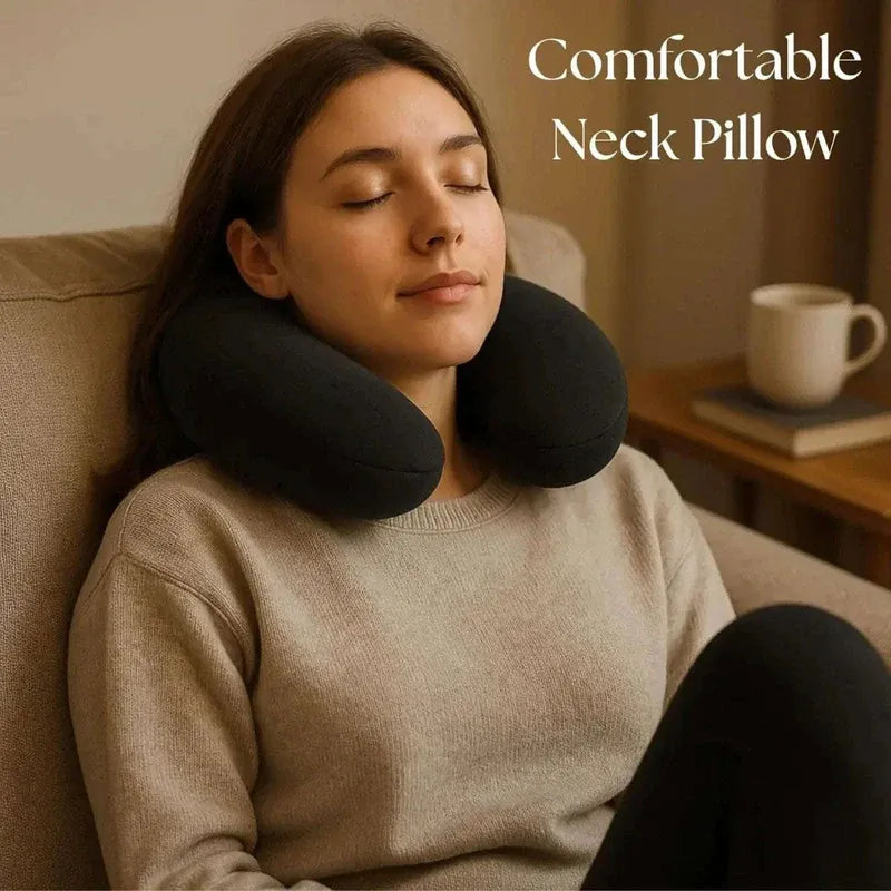Woman using a neck pillow on a couch with text 'Comfortable Neck Pillow' above her.