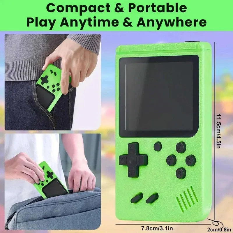 Green handheld gaming console with text 'Compact & Portable Play Anytime & Anywhere' on a colorful background.