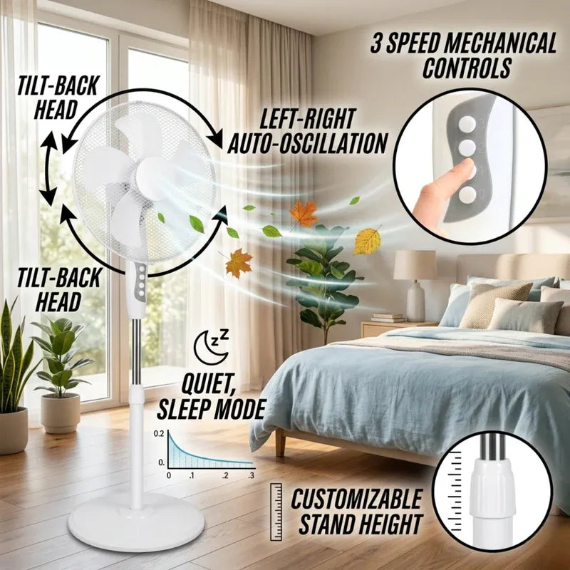 16” Oscillating Pedestal Fan – 40W 3-Speed Quiet Standing Fan with Adjustable Height - 4A's Global