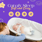 Baby in a crib with a woman, against a purple background with 'Comfy Sleep Soft and Cozy' text and icons.