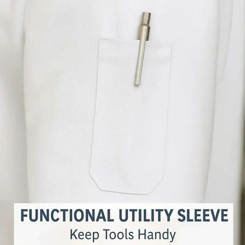 White shirt with a pocket and tool held in it, labeled 'Functional Utility Sleeve'.
