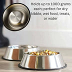 Stainless steel dog bowls with food on a wooden surface, text indicating capacity and uses.