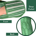 Green and white striped oven mitt with deep pocket feature, front and back views shown.