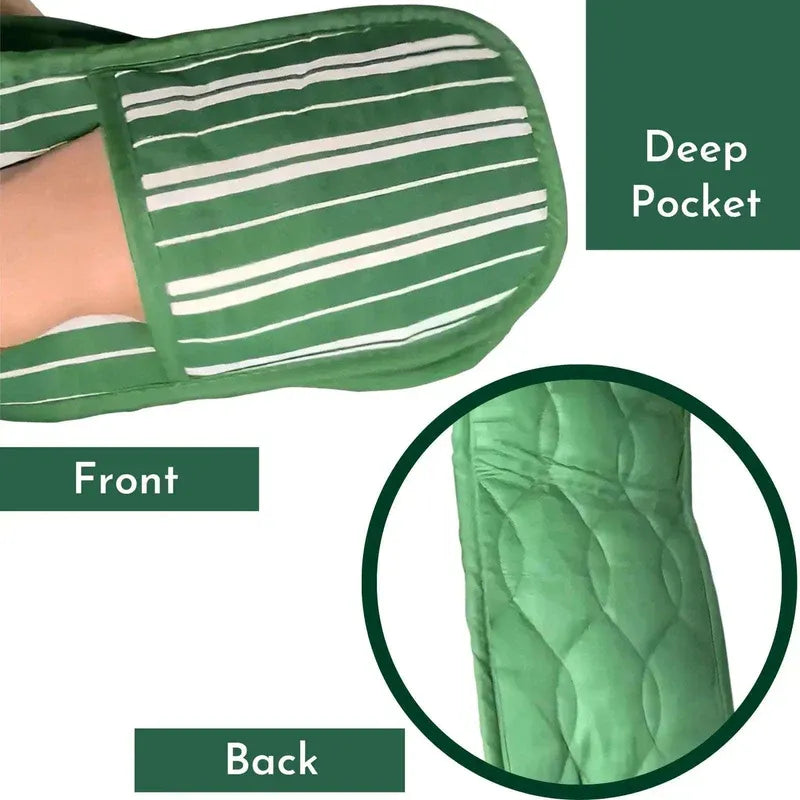 Green and white striped oven mitt with deep pocket feature, front and back views shown.