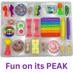 Assorted colorful fidget toys in a clear plastic case with 'Fun on its PEAK' text.