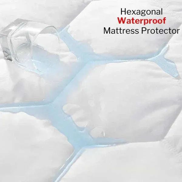 Hexagonal waterproof mattress protector with text on a white background
