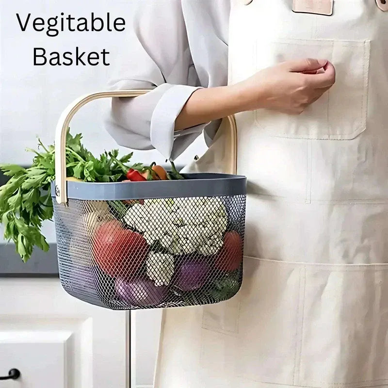 Fruit Basket with Wooden Handle – Metal Mesh Kitchen Organizer