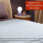 Mattress topper on a bed with a nightstand and decorative items, featuring text about mattress topper benefits.
