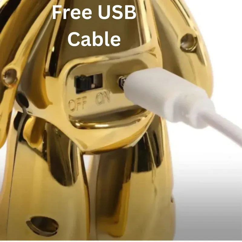 Gold electronic device with a white USB cable plugged in, on a white background.