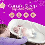 Baby in a white bassinet with a purple background and text 'Comfy Sleep Soft and Cozy'.