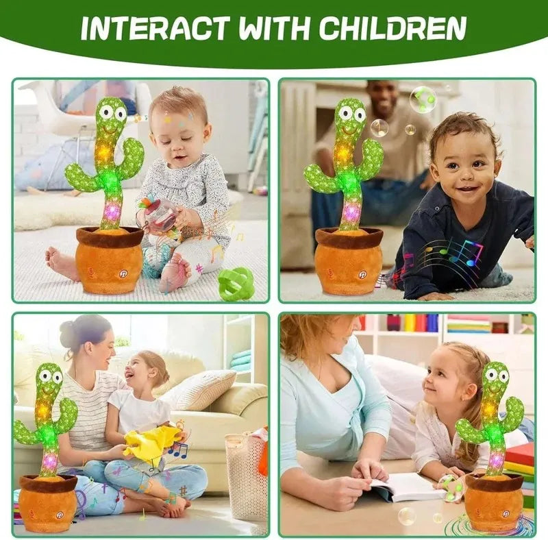 Children playing with a colorful cactus-shaped toy in various settings.