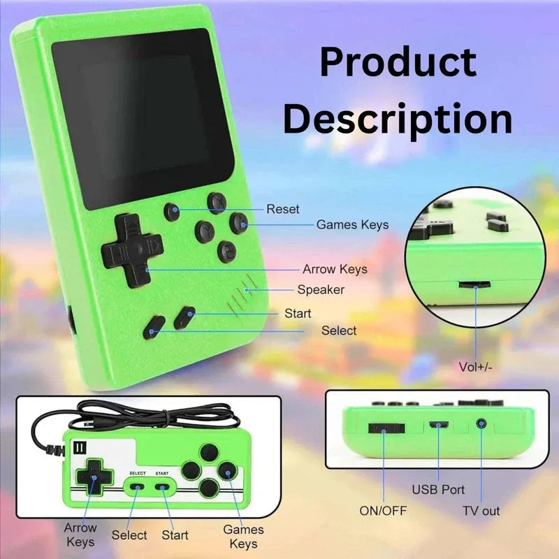 Green handheld game console with labeled parts on a colorful background