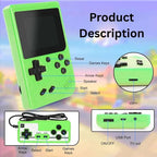 Green handheld game console with labeled parts on a colorful background