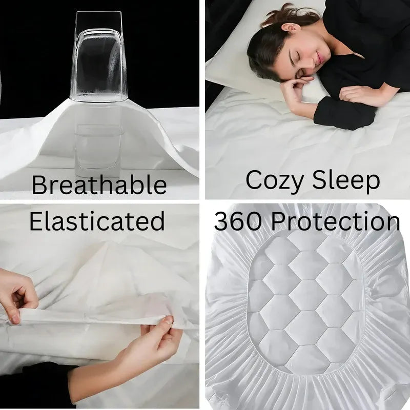 Collage of a breathable mattress cover with text highlighting features like 'Cozy Sleep' and '360 Protection'.