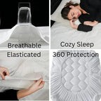 Collage of a breathable mattress cover with text highlighting features like 'Cozy Sleep' and '360 Protection'.