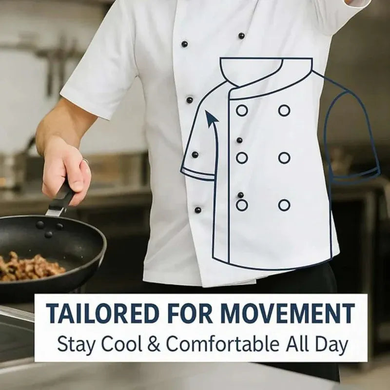 Person wearing a chef's coat with a graphic of the same coat, holding a pan in a kitchen setting.