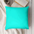 Turquoise pillow on a wooden surface with a book and bottle in the background