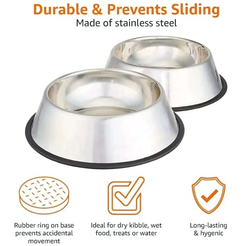 Two stainless steel dog bowls with features highlighted on a white background