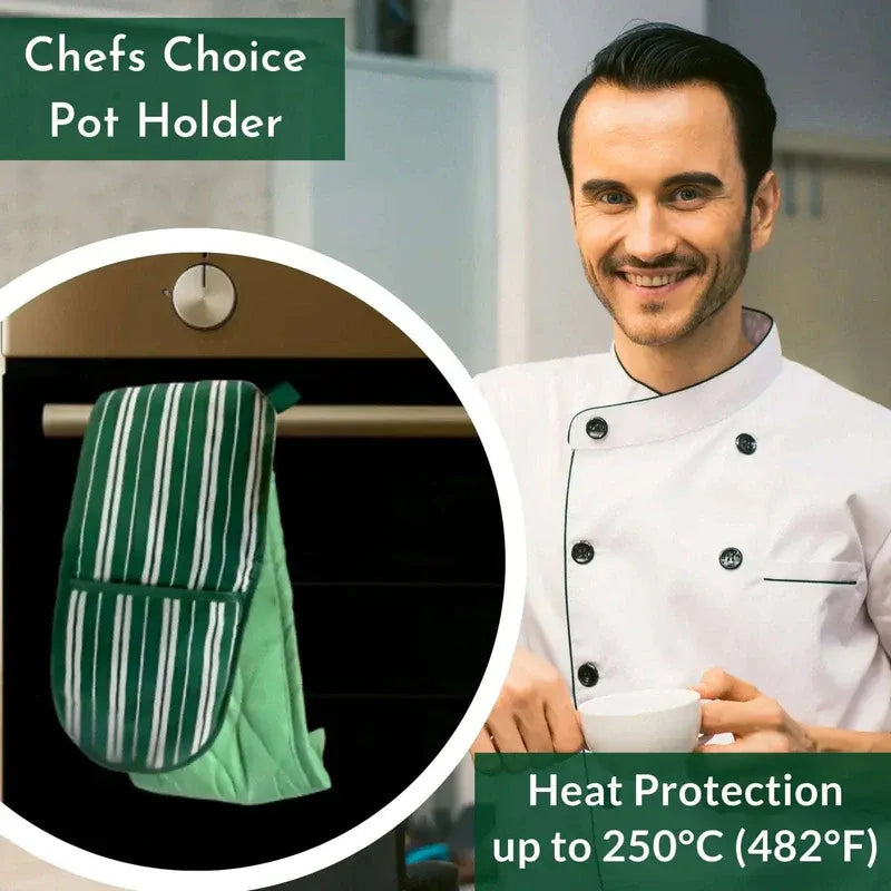 Chef holding a pot with a green and white striped pot holder, featuring text about heat protection.