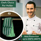 Chef holding a pot with a green and white striped pot holder, featuring text about heat protection.