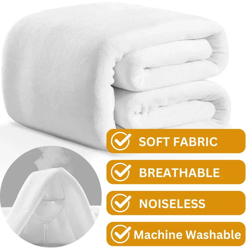 Folded white blanket with soft fabric, breathable, noiseless, and machine washable features on a white background.