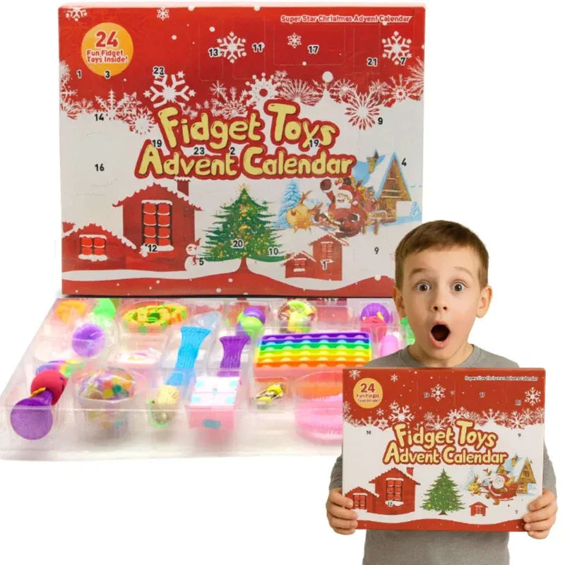 Fidget Toys Advent Calendar with colorful fidget toys and a child holding the calendar.