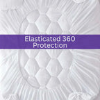 White mattress protector with elasticated 360 protection text on a purple banner
