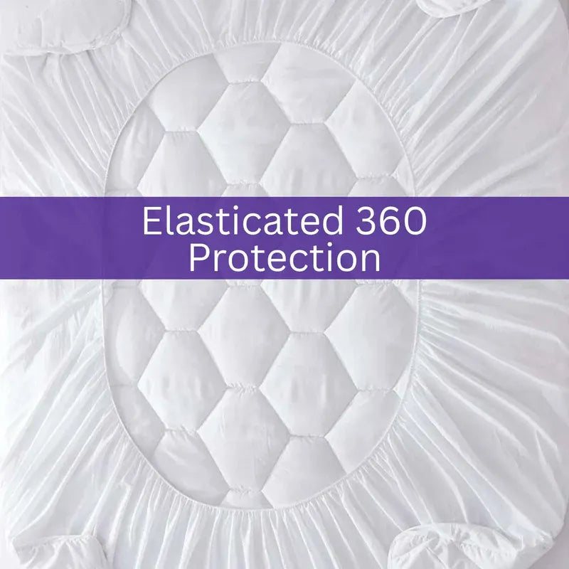 White mattress protector with elasticated 360 protection text on a purple banner