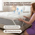 Woman adjusting an ultra-breathable mattress topper with text highlighting features like enhanced airflow and cooling technology.