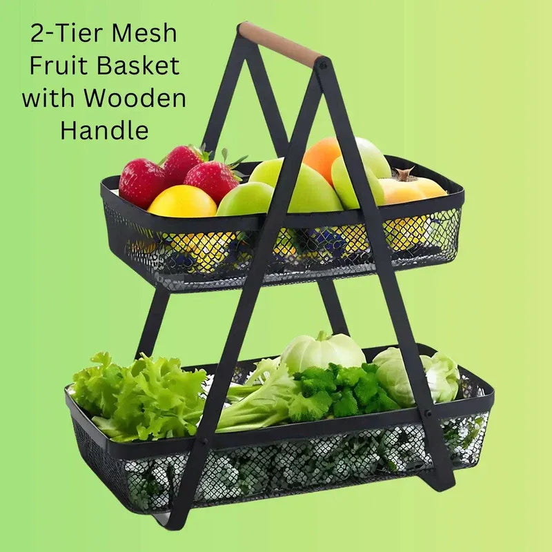 2-Tier Countertop Fruit, Bread &amp; Vegetable Storage Basket – Sleek Black - 4A's Global