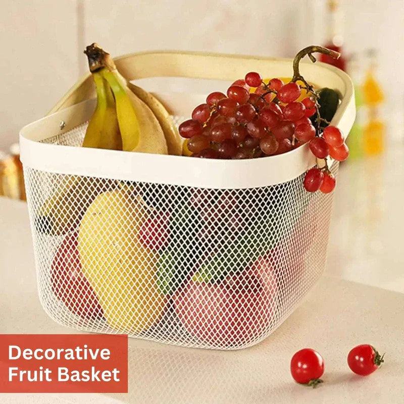 Fruit Basket with Wooden Handle – Metal Mesh Kitchen Organizer
