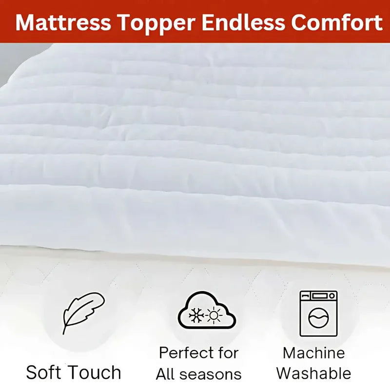 Mattress topper with features listed below it on a white background