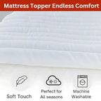 Mattress topper with features listed below it on a white background