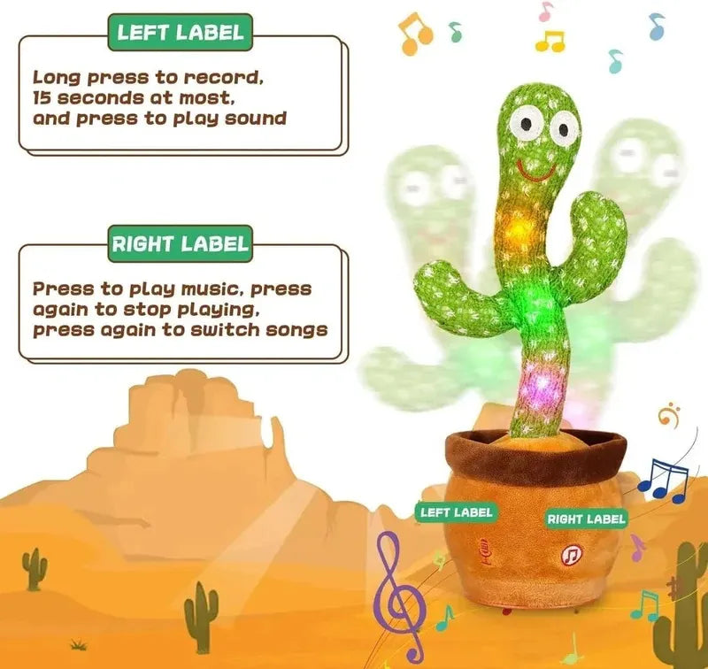 Toy cactus with LED lights and buttons on a desert background