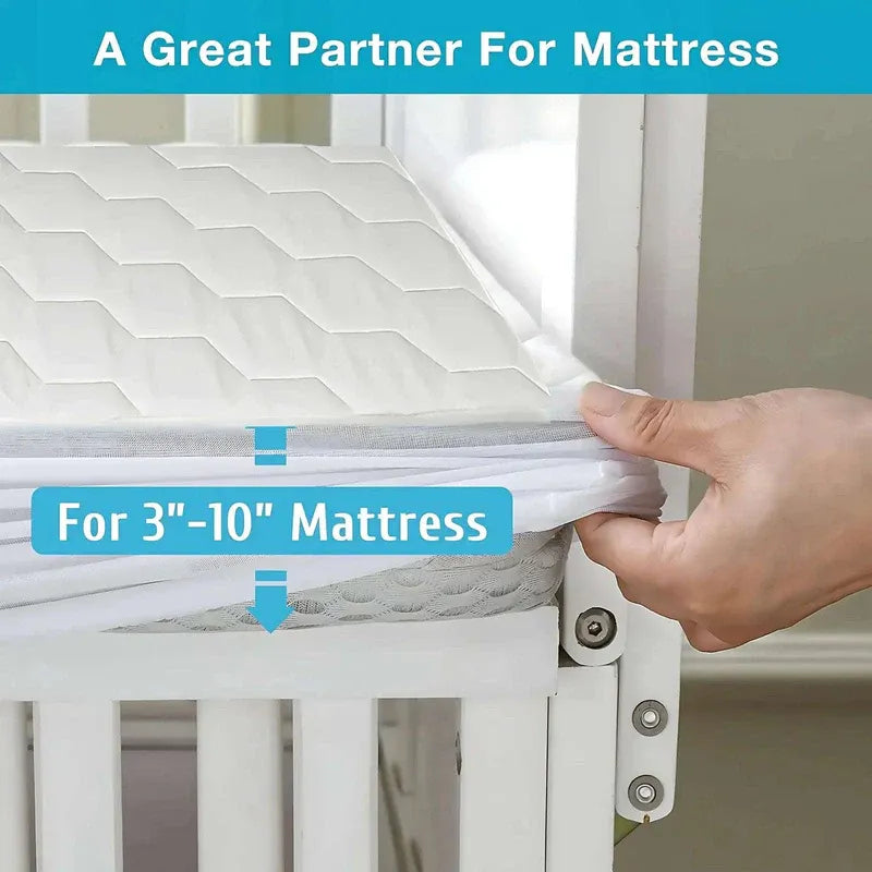 Hand adjusting a mattress topper on a bed with text indicating compatibility for 3"-10" mattresses.