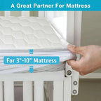 Hand adjusting a mattress topper on a bed with text indicating compatibility for 3"-10" mattresses.