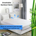 Mattress with breathable bamboo fabric feature, showing air circulation, in a bedroom setting.