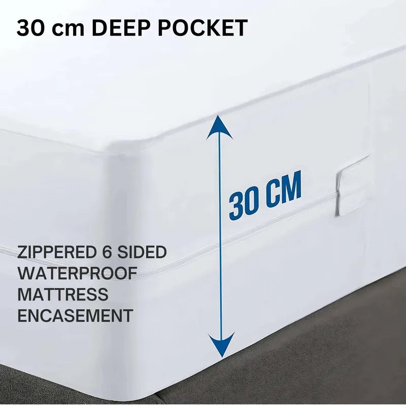 Mattress protector with 30 cm deep pocket and zipper on a bed.