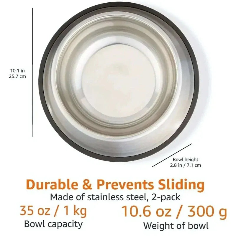 Stainless steel bowl with measurements and product details on a white background