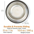 Stainless steel bowl with measurements and product details on a white background