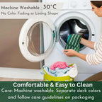 Woman loading a washing machine with clothes, text about machine washability and care instructions.