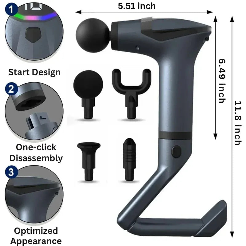 Detachable Handle Massage Gun 15-Speed Percussion Massager with 4 Heads Rechargeable for Neck, Back, Shoulders & Legs - 4A's Global