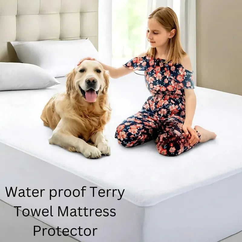 Girl and dog on a bed with a water-proof Terry Towel Mattress Protector