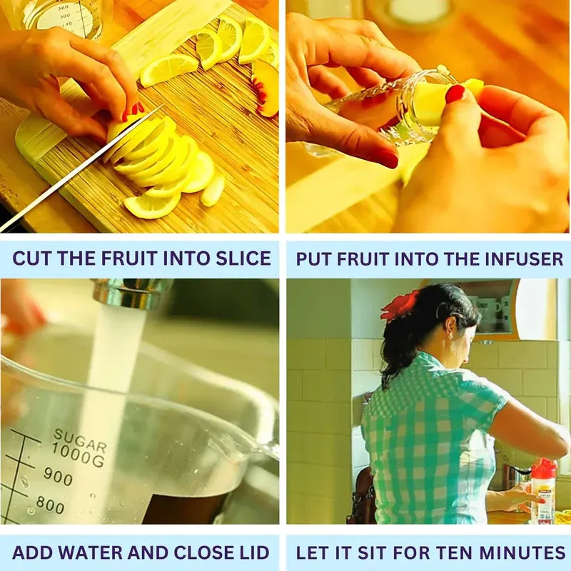 Step-by-step process of making a fruit infusion with text instructions.