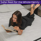 Woman reading a book on a bed with text 'Safer Rest for the Whole Family' at the top.