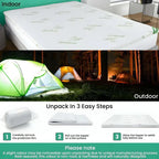 Mattress topper shown indoors and tents set up outdoors with unpacking instructions.